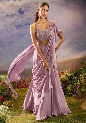 Lilac Hand Work Silk Blend Pre Draped Saree Set