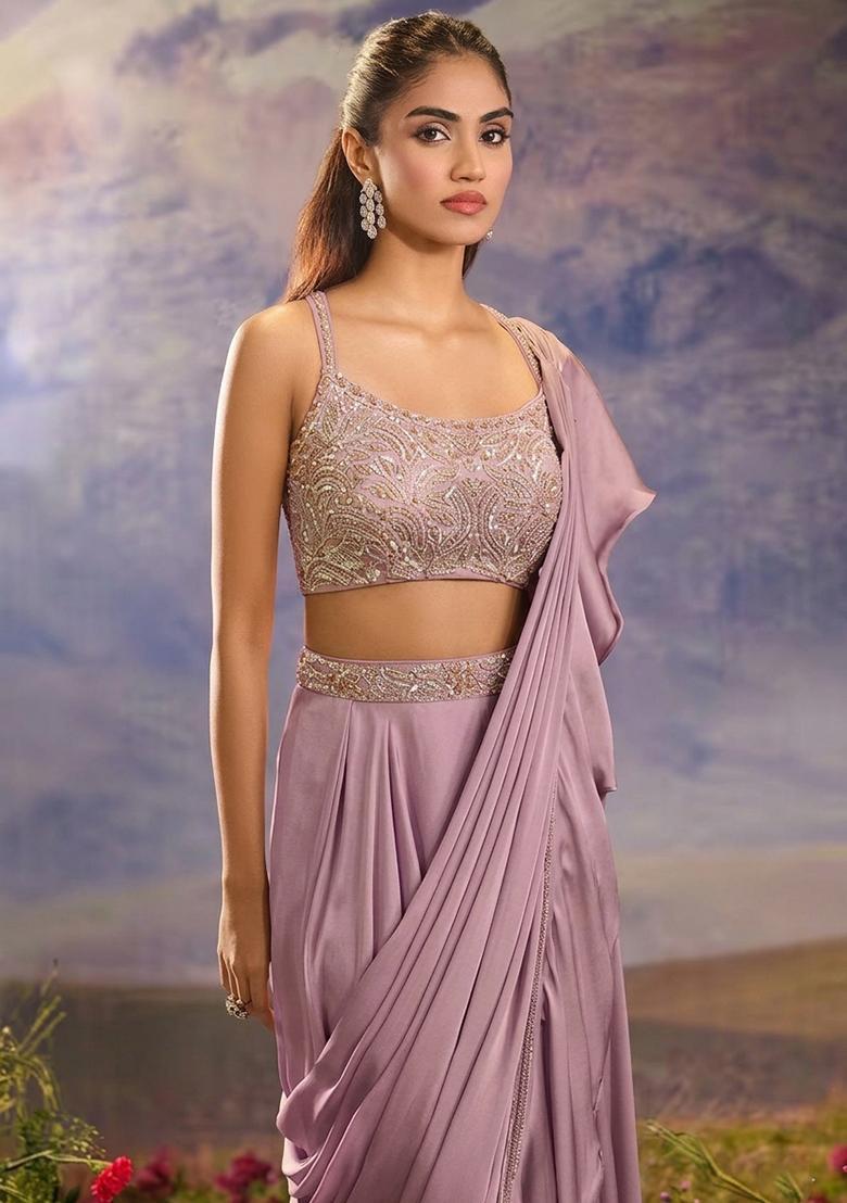 Lilac Hand Work Silk Blend Pre Draped Saree Set - Indya