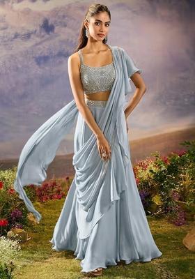 Powder Blue Hand Work Silk Blend Pre Draped Saree Set