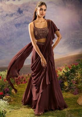 Brown Hand Work Silk Blend Pre Draped Saree Set