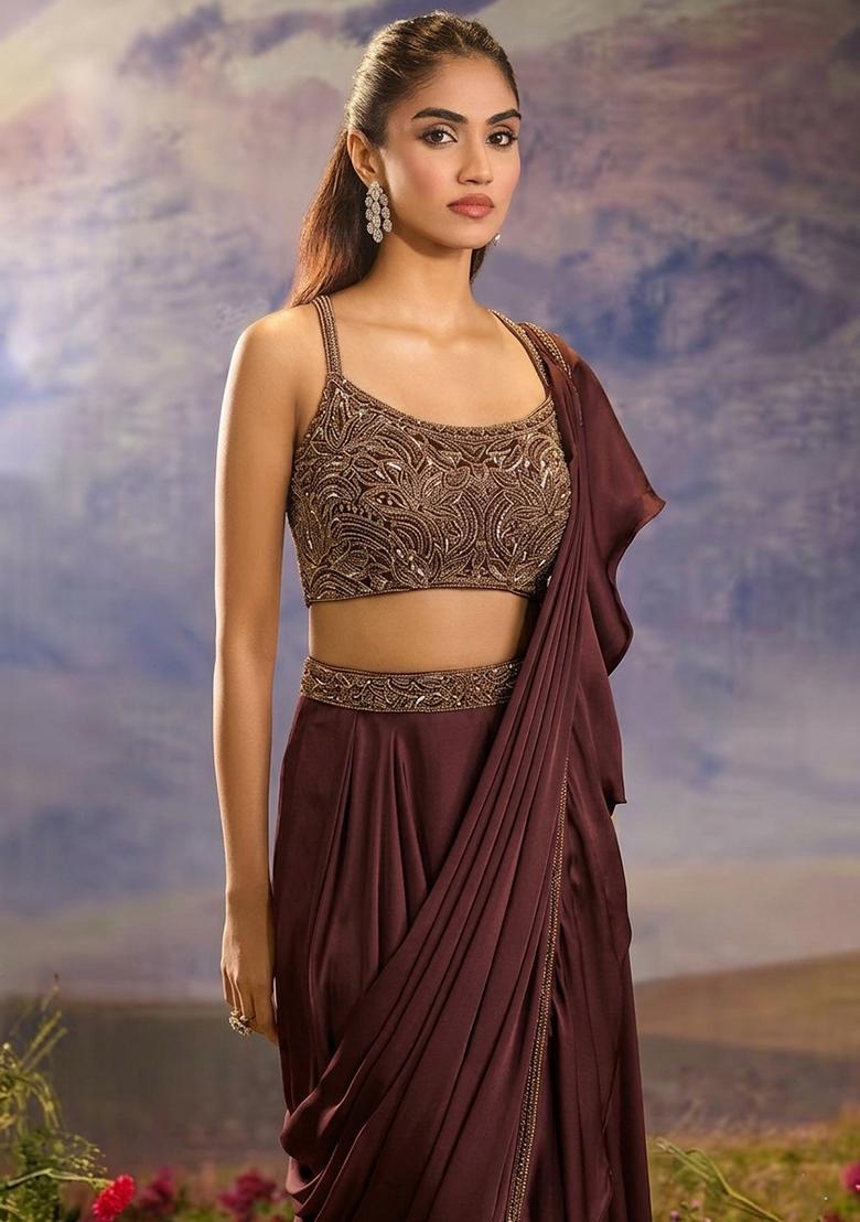 Brown Hand Work Silk Blend Pre Draped Saree Set - Indya