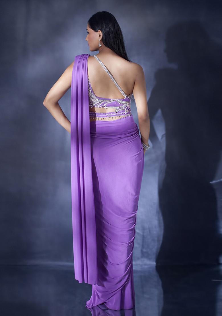 Lavender Hand Work Crepe Pre Draped Saree Set - Indya