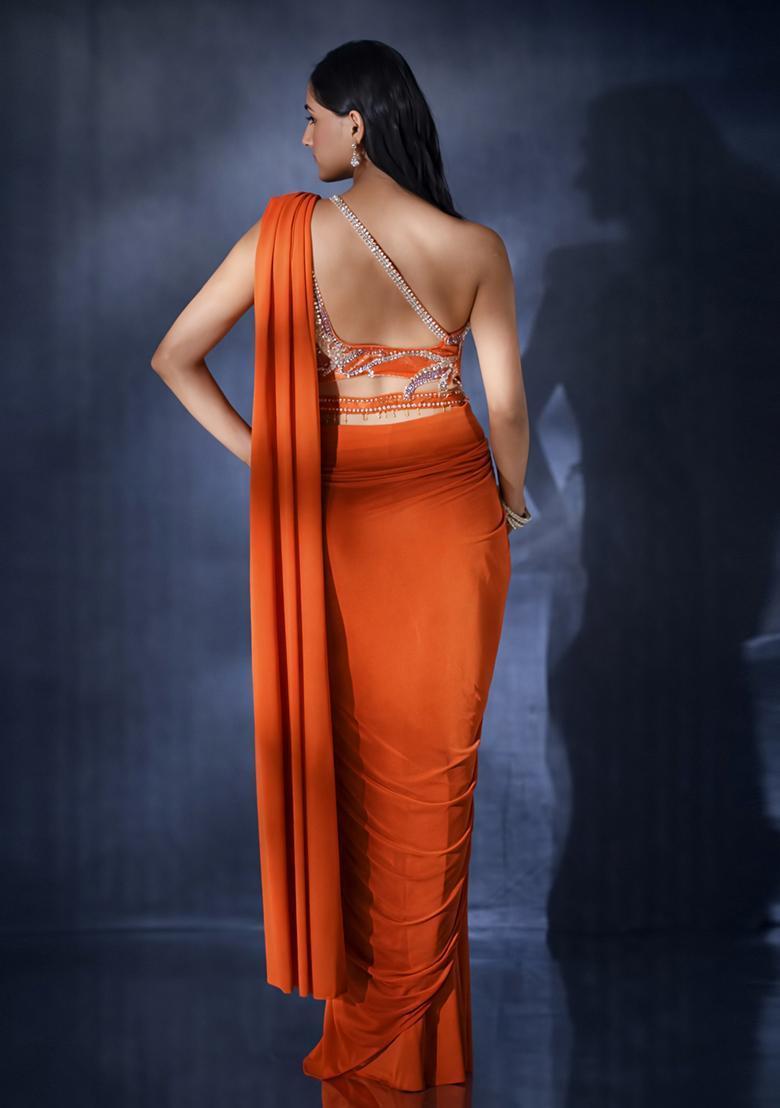 Burnt Orange Hand Work Crepe Pre Draped Saree Set - Indya