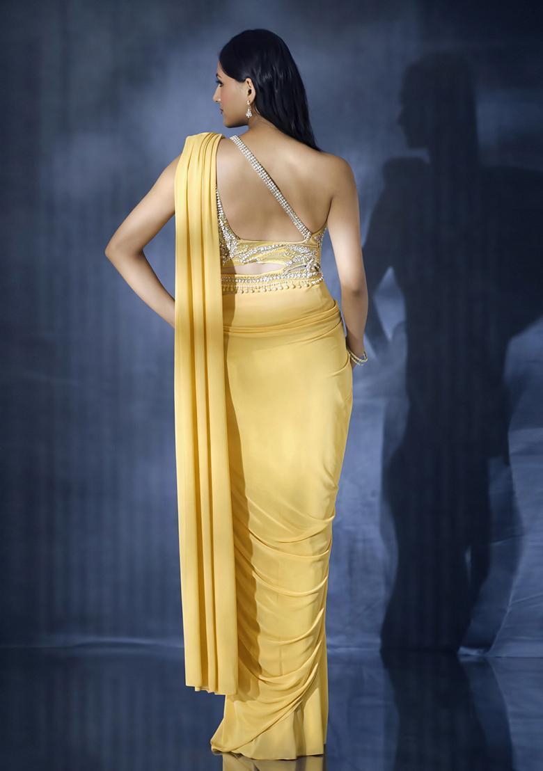 Yellow Hand Work Crepe Pre Draped Saree Set - Indya