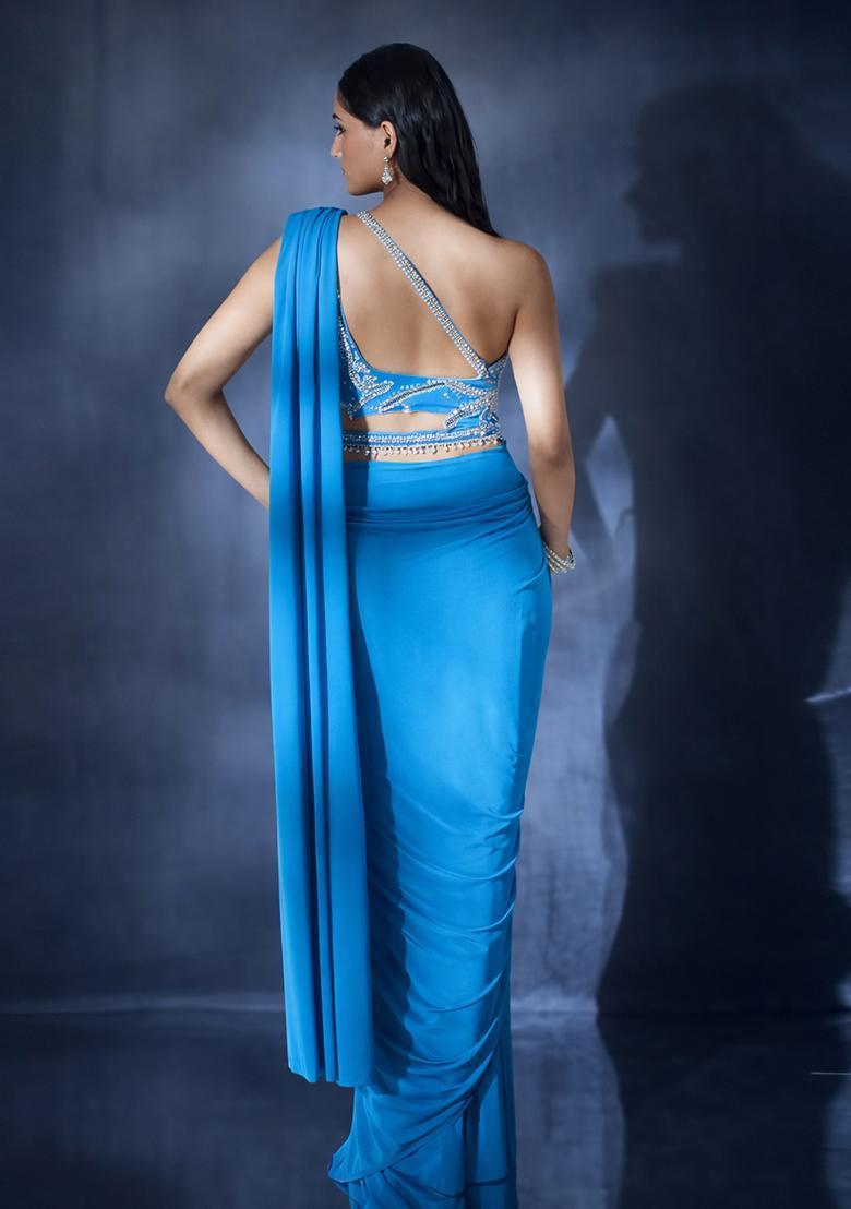 Blue Hand Work Crepe Pre Draped Saree Set - Indya