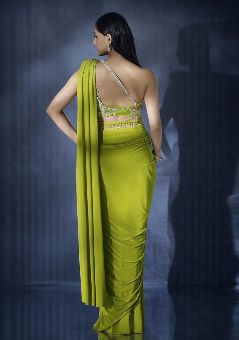 Olive Green Hand Work Crepe Pre Draped Saree Set - Indya