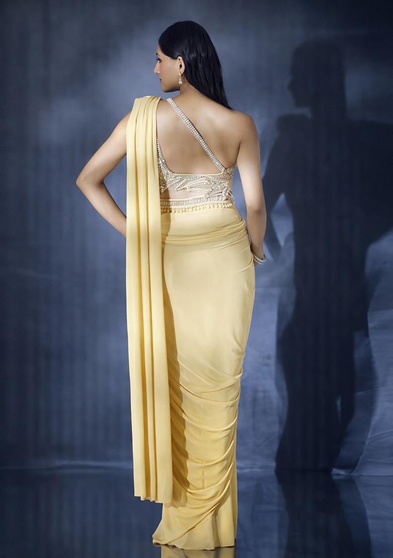 Yellow Hand Work Crepe Pre Draped Saree Set - Indya