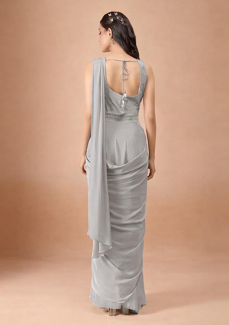 Silver Grey Hand Work Crepe Pre Draped Saree Set - Indya