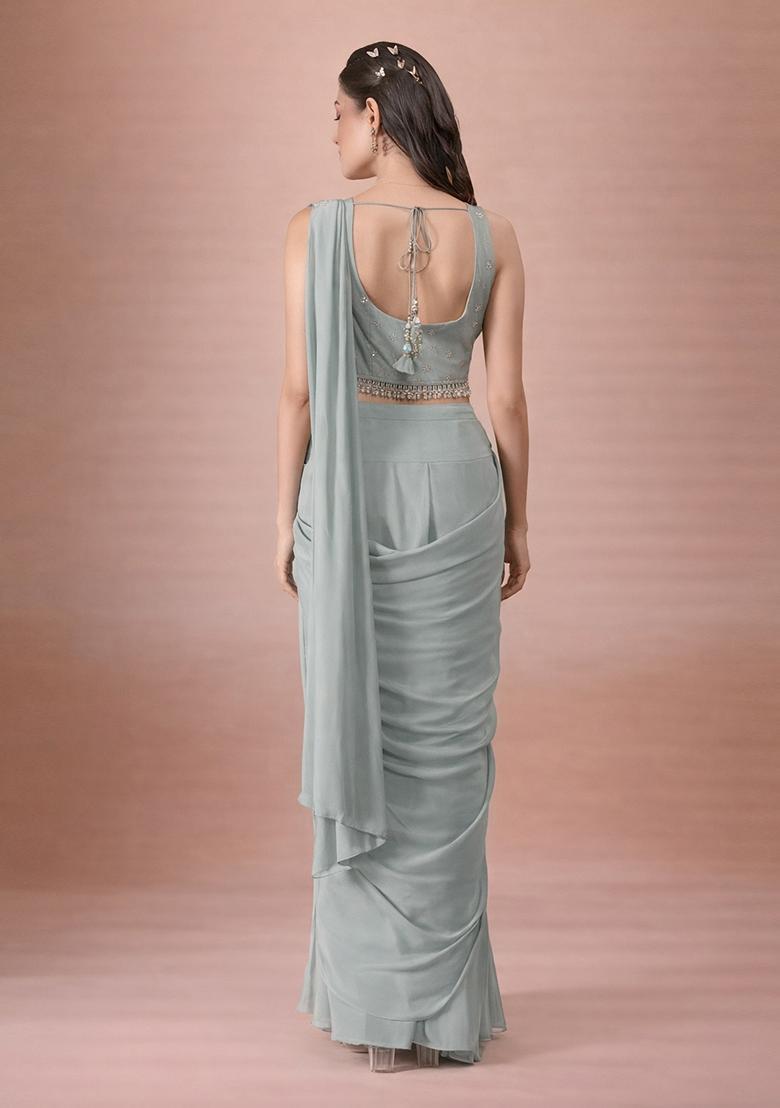 Dusty Blue Hand Work Crepe Pre Draped Saree Set - Indya