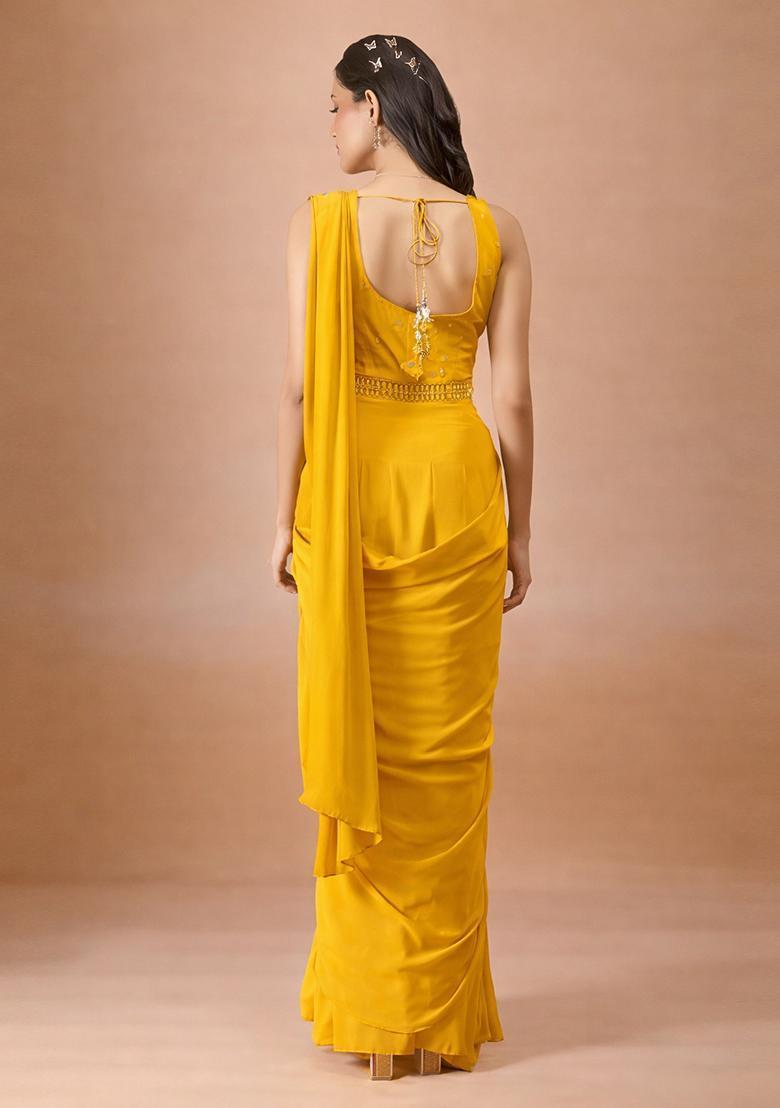 Yellow Hand Work Crepe Pre Draped Saree Set - Indya