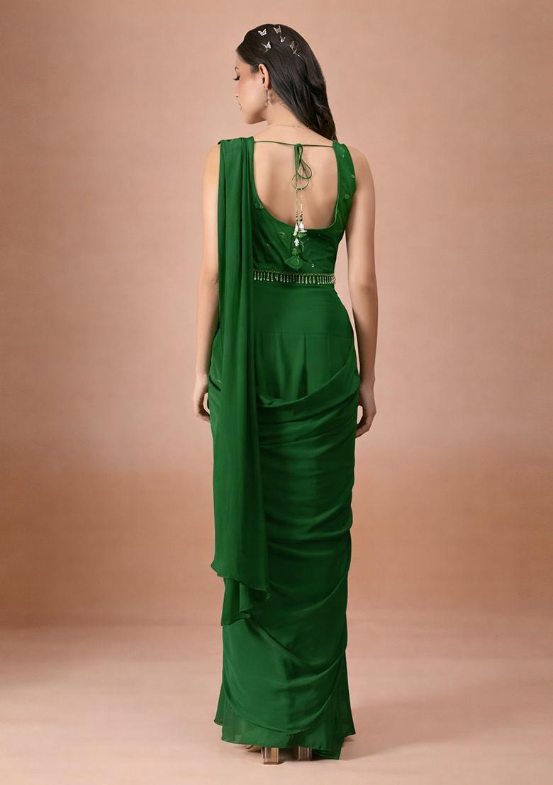 Dark Green Hand Work Crepe Pre Draped Saree Set - Indya