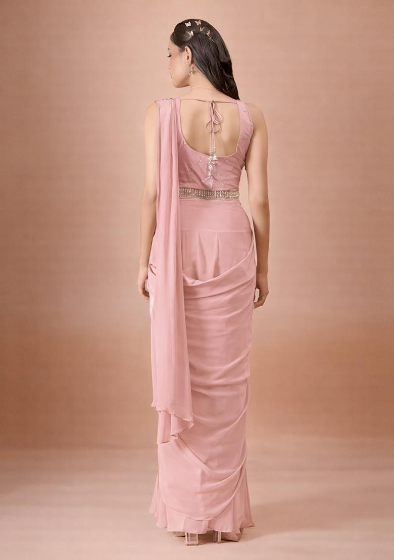 Soft Pink Hand Work Crepe Pre Draped Saree Set - Indya