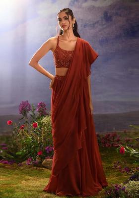 Rust Red Hand Work chinon Pre Draped Saree Set