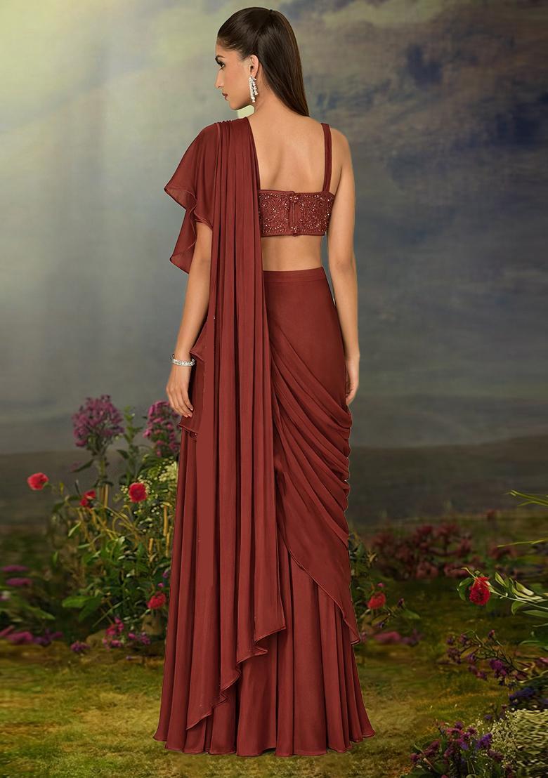 Rust Red Hand Work chinon Pre Draped Saree Set - Indya