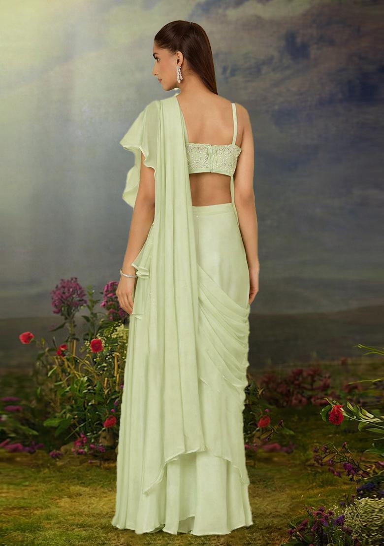 Pastel Green Hand Work chinon Pre Draped Saree Set - Indya