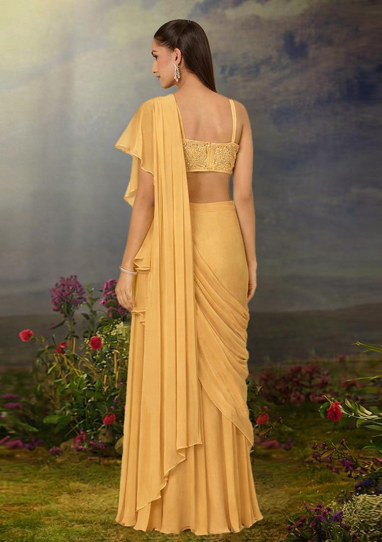 Yellow Hand Work chinon Pre Draped Saree Set - Indya