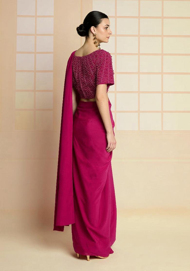 Hot Pink Hand Work Crepe Pre Draped Saree Set - Indya