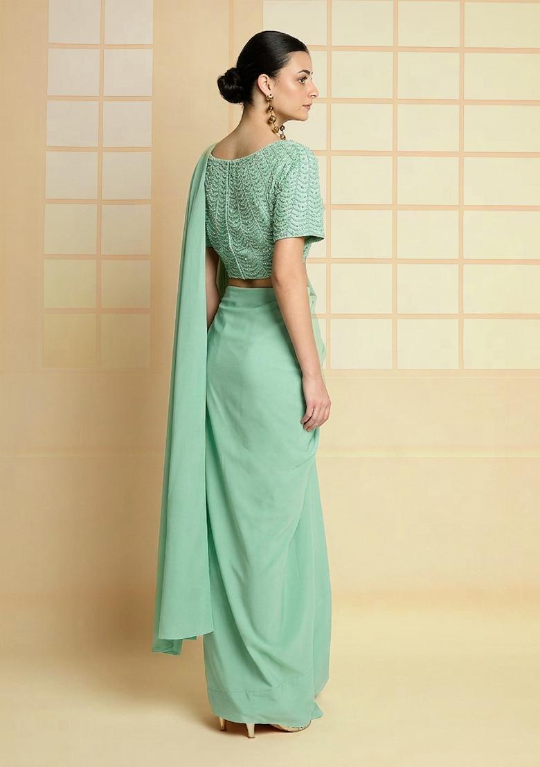 Mint Green Hand Work Crepe Pre Draped Saree Set - Indya