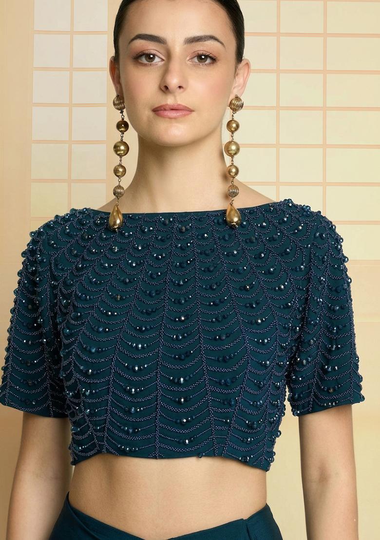 Navy Blue Hand Work Crepe Pre Draped Saree Set - Indya