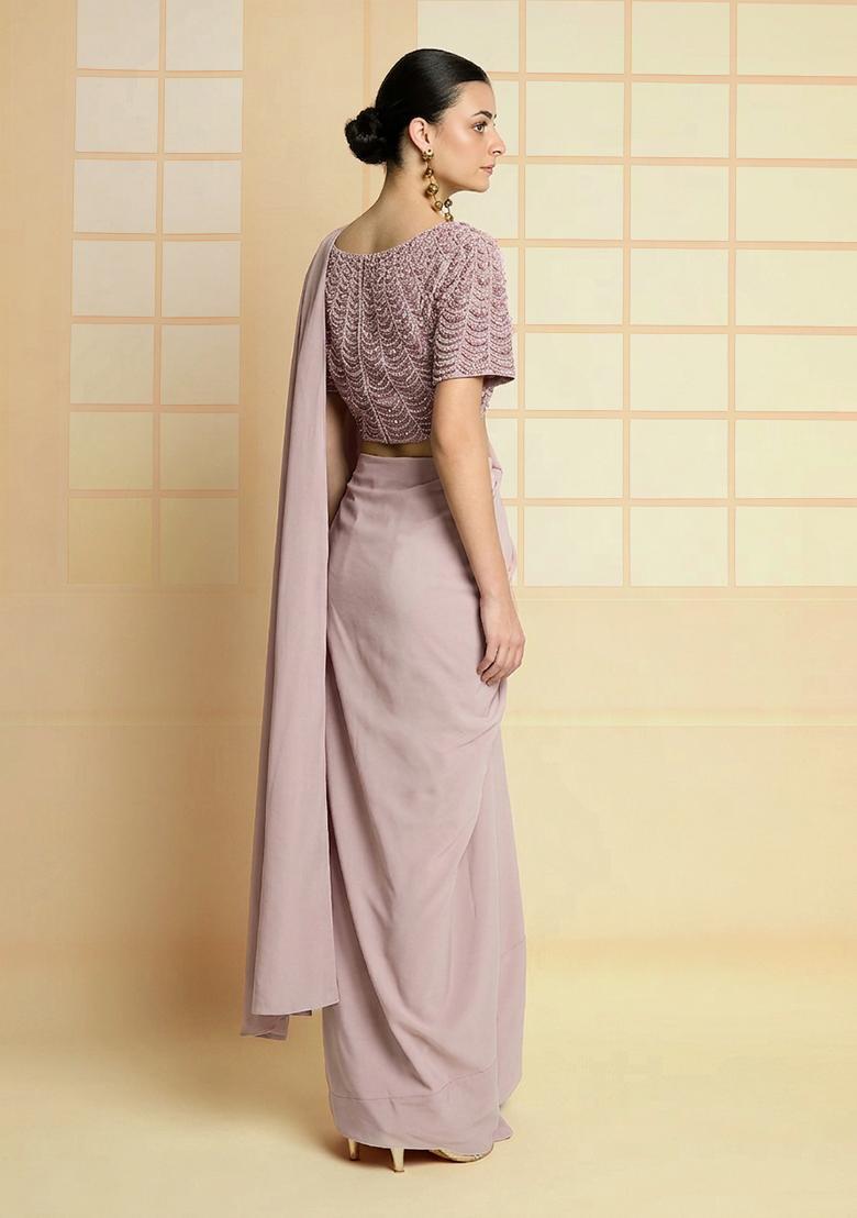 Pink Hand Work Crepe Pre Draped Saree Set - Indya