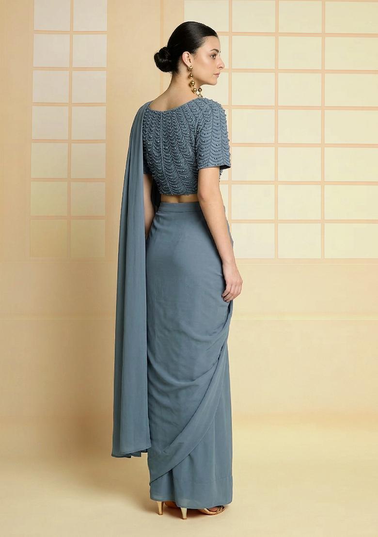 Pastel Blue Hand Work Crepe Pre Draped Saree Set - Indya