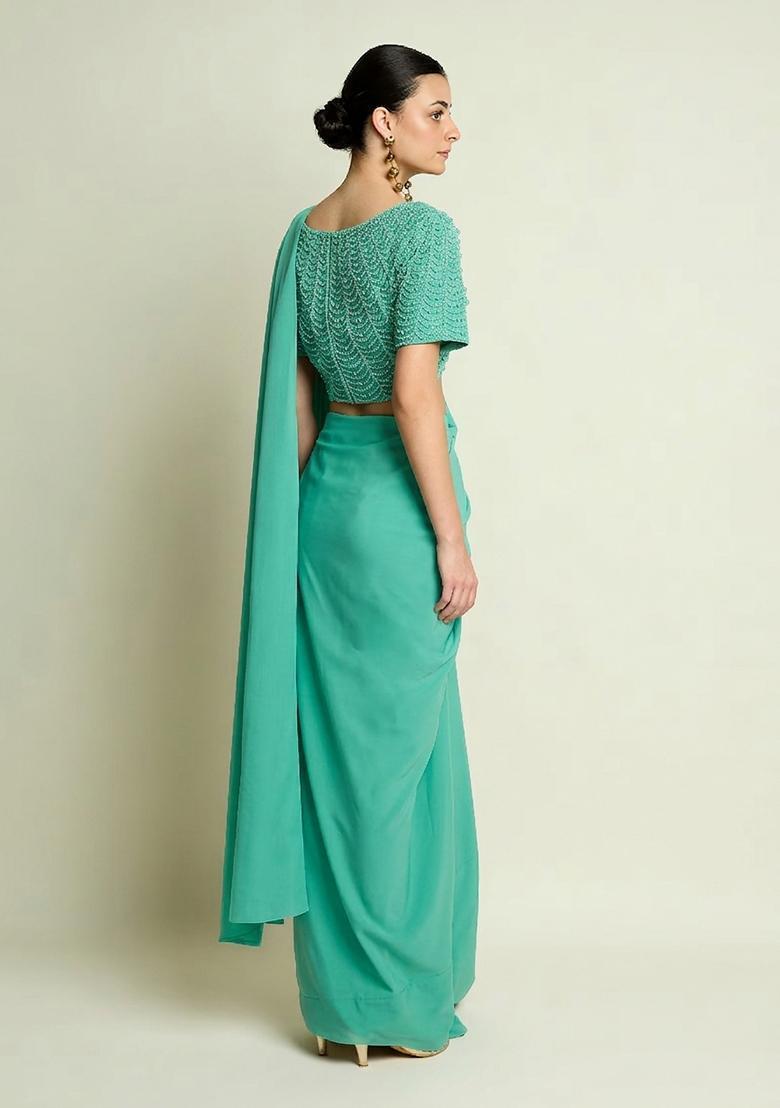 Sea Green Hand Work Crepe Pre Draped Saree Set - Indya