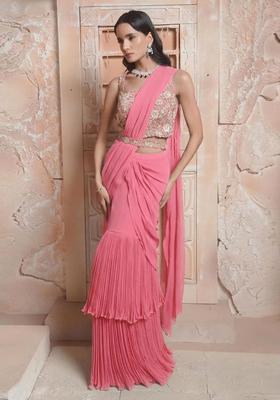 Pink Hand Work Georgette Pre Draped Saree Set