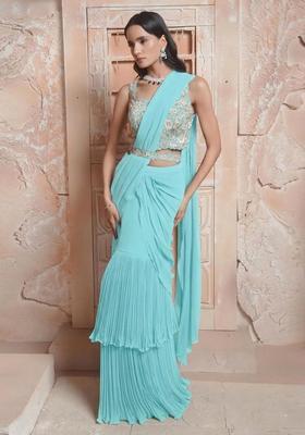 Aqua Blue Hand Work Georgette Pre Draped Saree Set