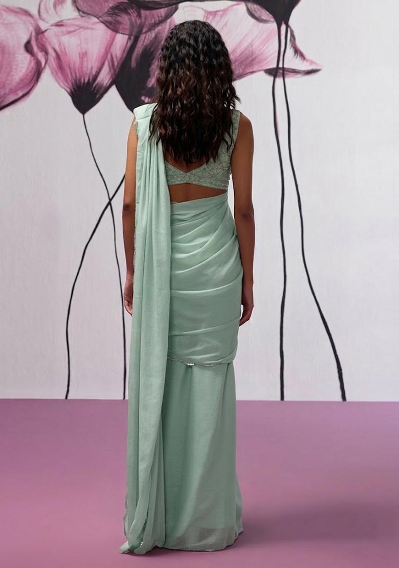 Mint Green Hand Work chinon Pre Draped Saree Set - Indya