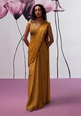 Mustard Yellow Hand Work chinon Pre Draped Saree Set