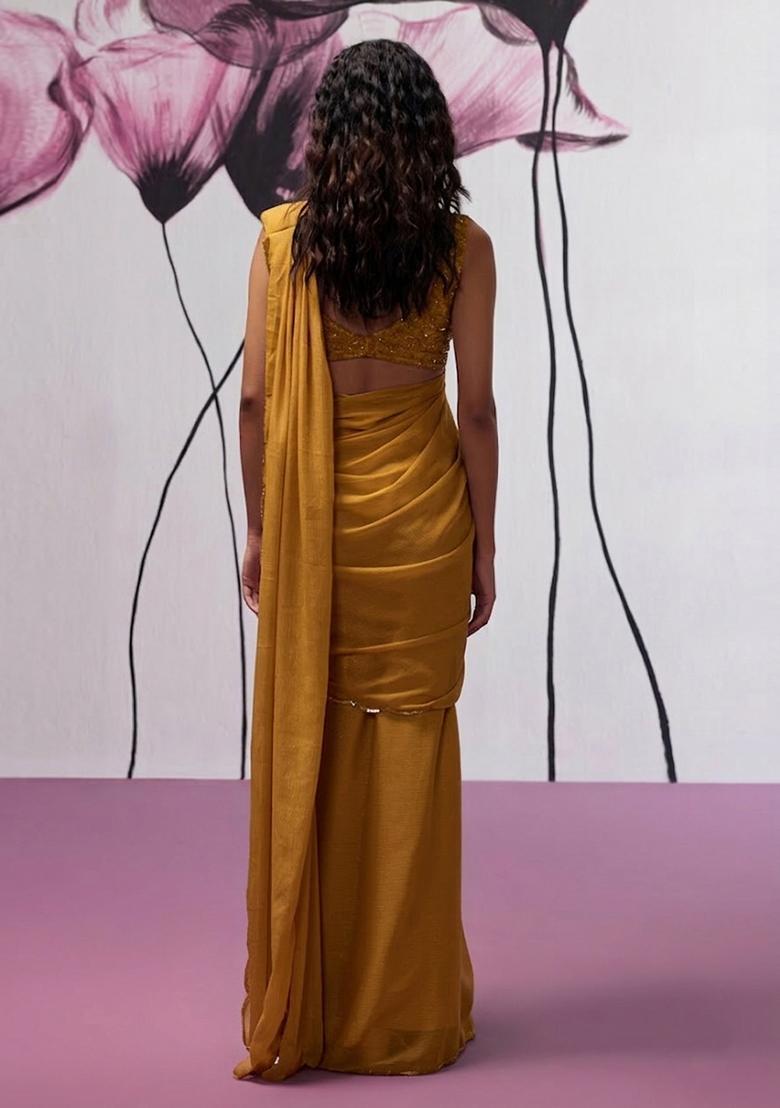 Mustard Yellow Hand Work chinon Pre Draped Saree Set - Indya