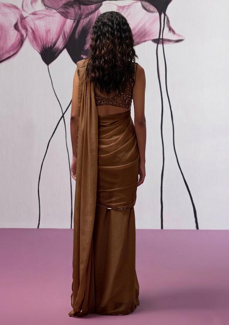 Brown Hand Work chinon Pre Draped Saree Set - Indya