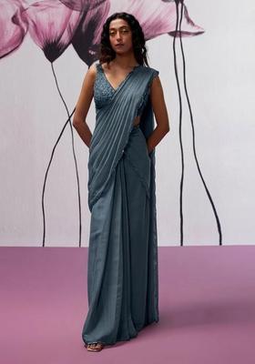 Slate Blue Hand Work chinon Pre Draped Saree Set