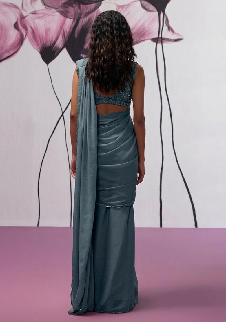 Slate Blue Hand Work chinon Pre Draped Saree Set - Indya