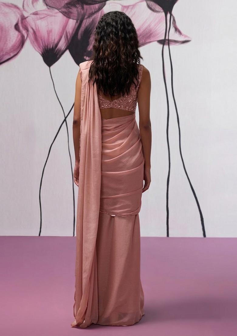 Dusty Pink Hand Work chinon Pre Draped Saree Set - Indya