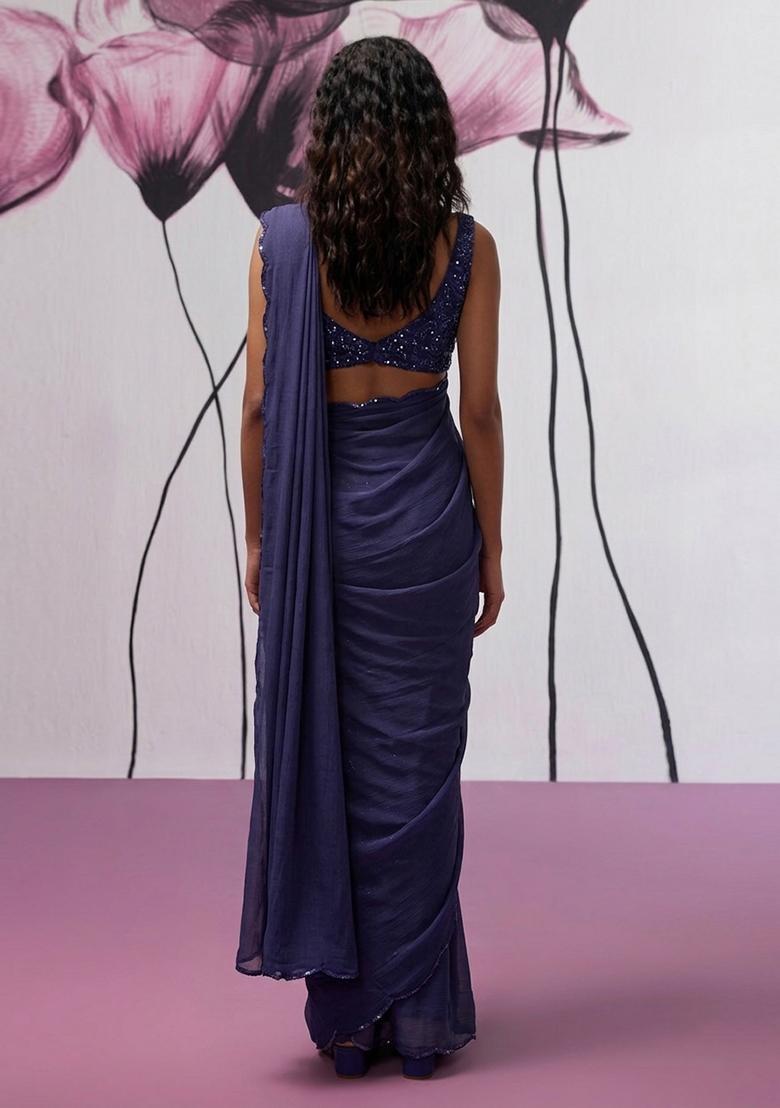 Midnight Blue Hand Work chinon Pre Draped Saree Set - Indya