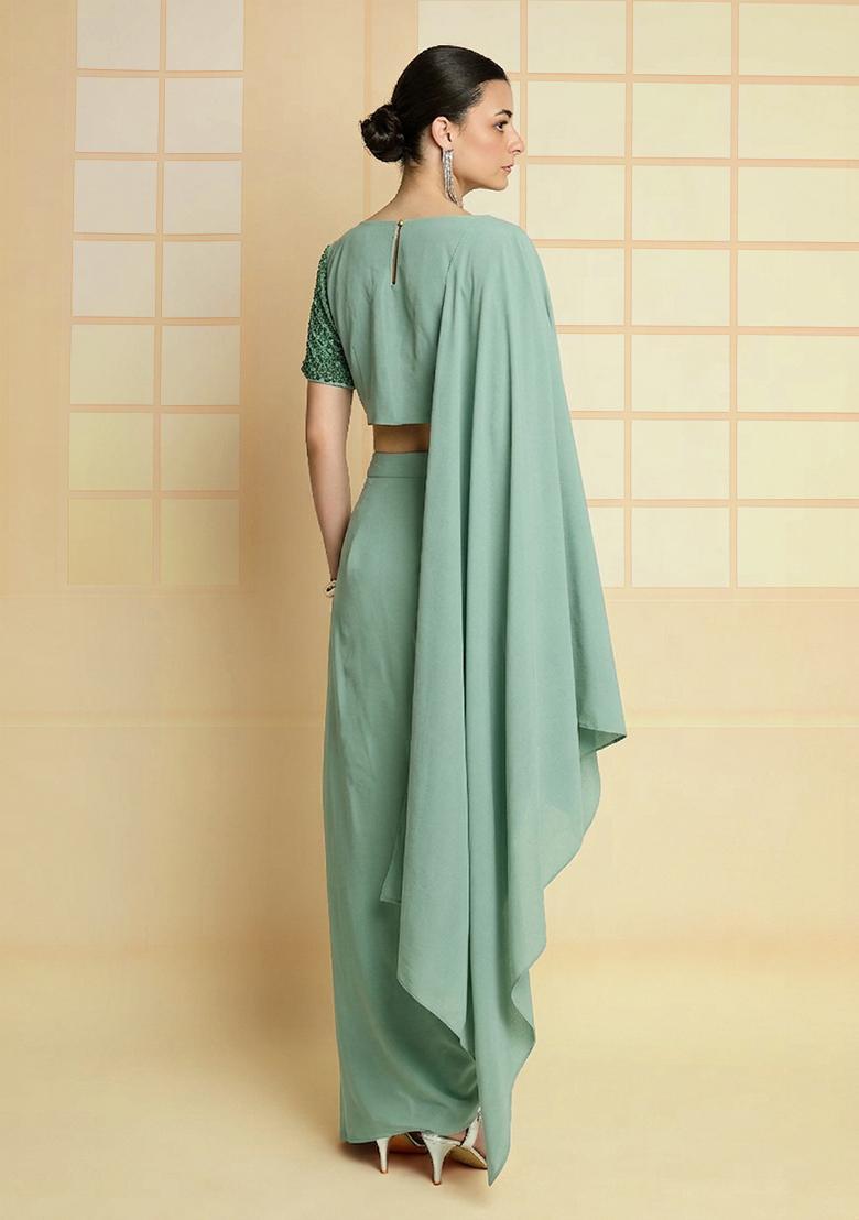 Mint Green Hand Work Crepe Fusion Set - Indya