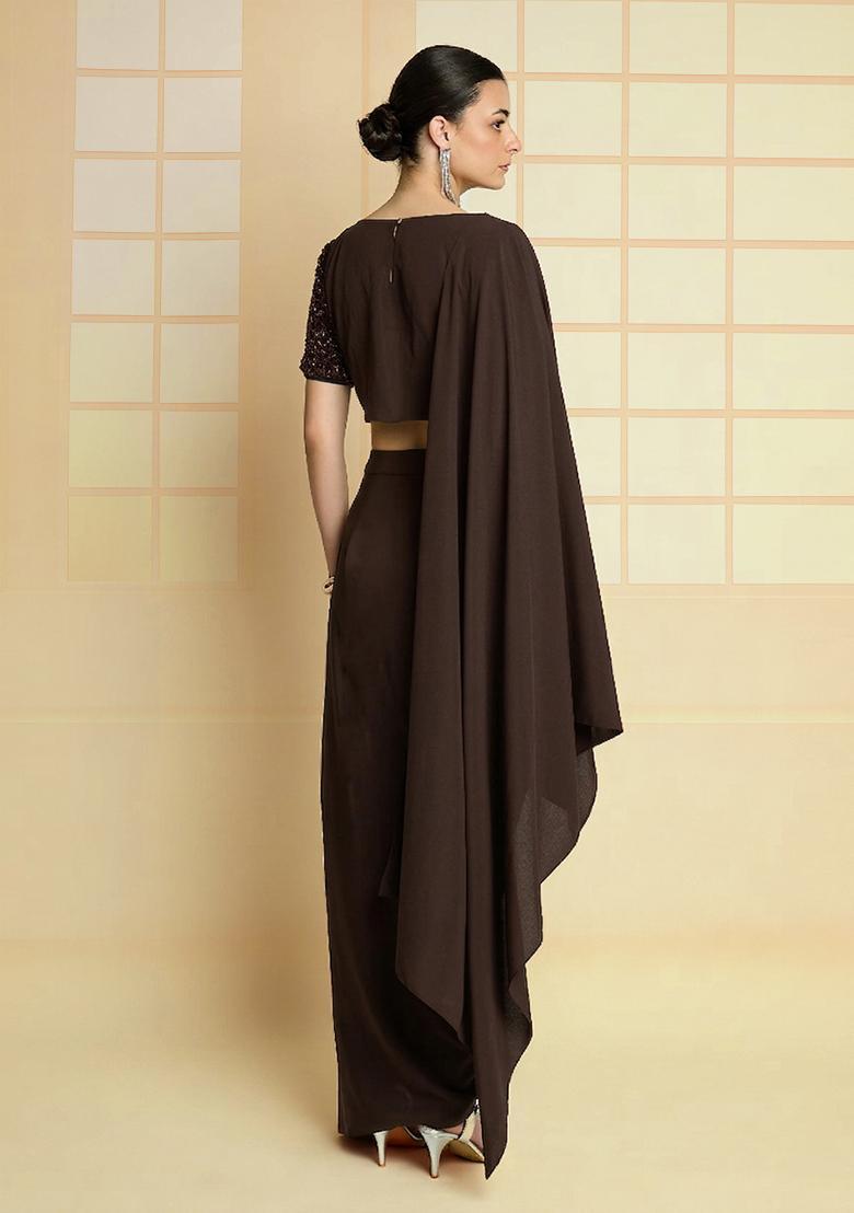 Brown Hand Work Crepe Fusion Set - Indya