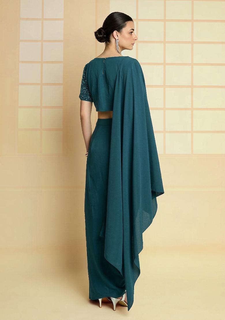 Pastel Blue Hand Work Crepe Fusion Set - Indya