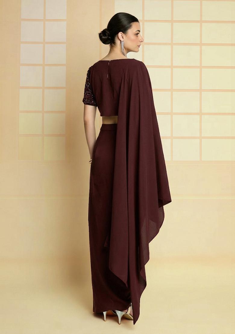 Brown Hand Work Crepe Fusion Set - Indya