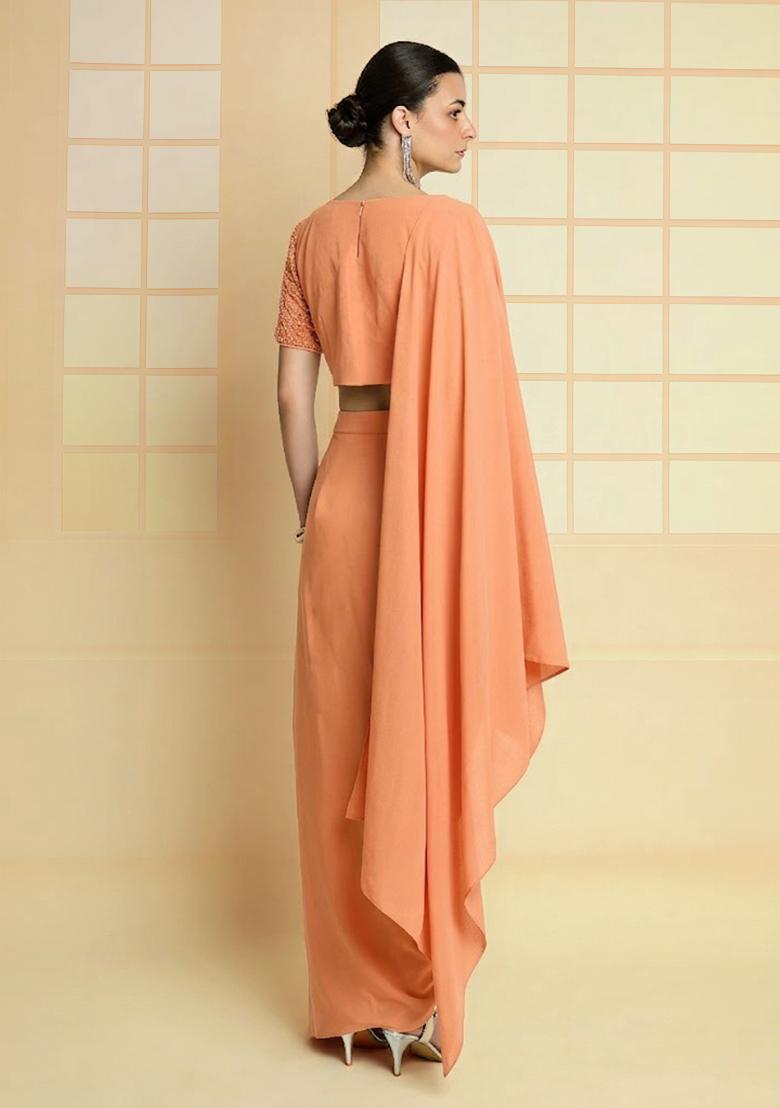 Peach Hand Work Crepe Fusion Set - Indya