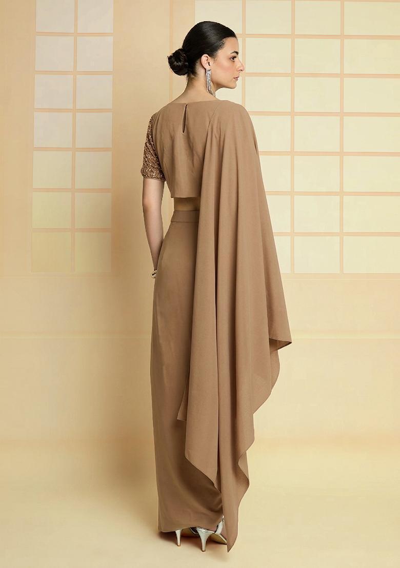 Beige Hand Work Crepe Fusion Set - Indya