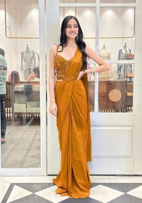 Mustard Yellow Hand Work Satin Pre Draped Saree Set