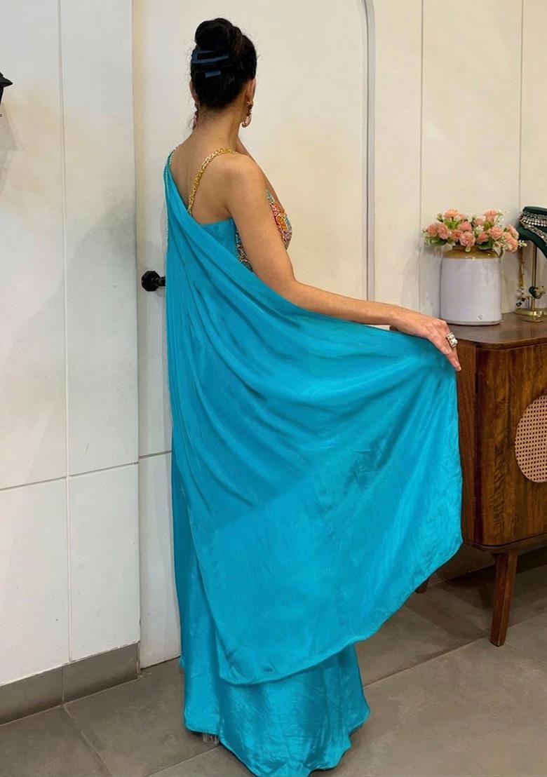 Turquoise Blue Hand Work Satin Pre Draped Saree Set - Indya