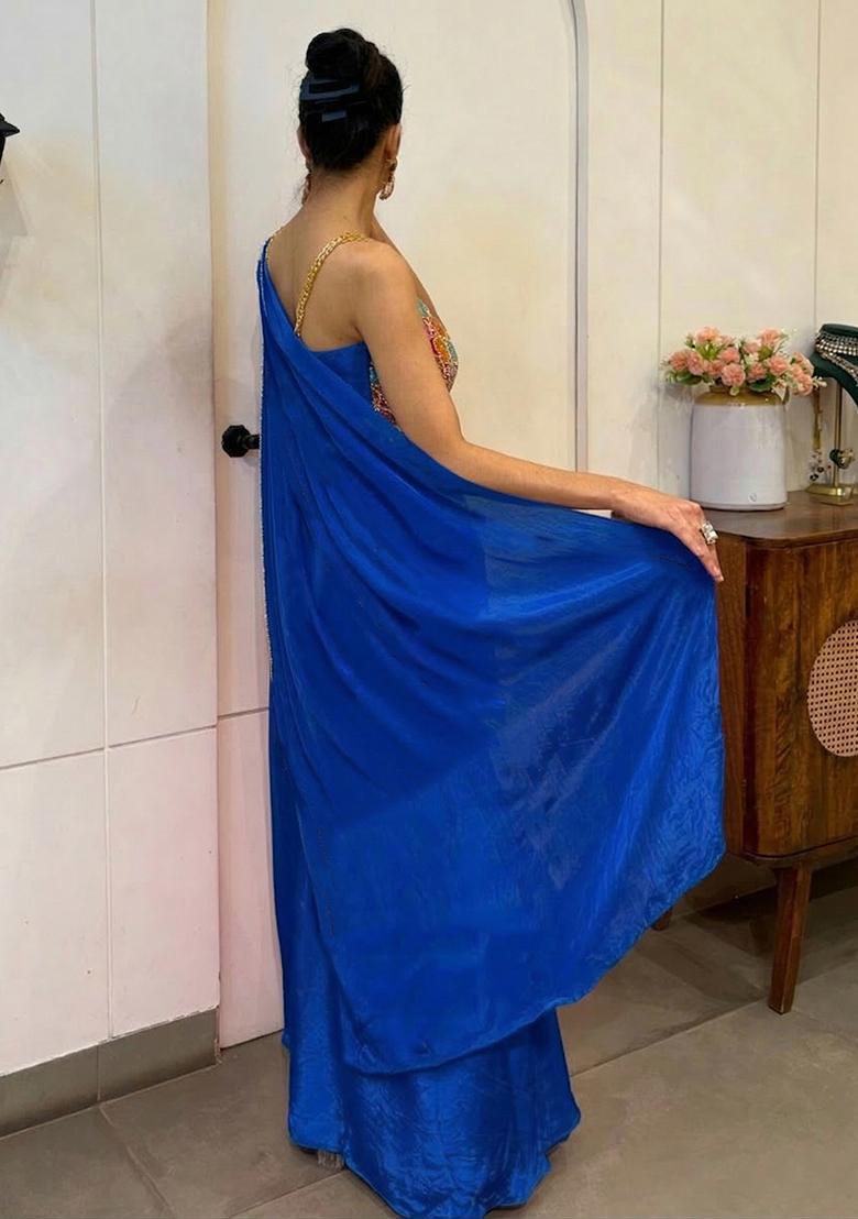 Royal Blue Hand Work Satin Pre Draped Saree Set - Indya