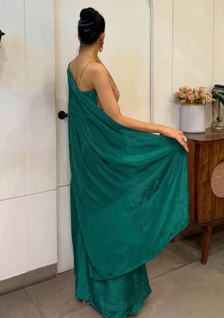 Bottle Green Hand Work Satin Pre Draped Saree Set - Indya