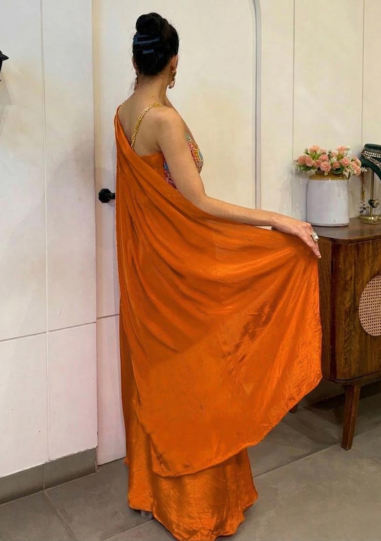 Orange Hand Work Satin Pre Draped Saree Set - Indya