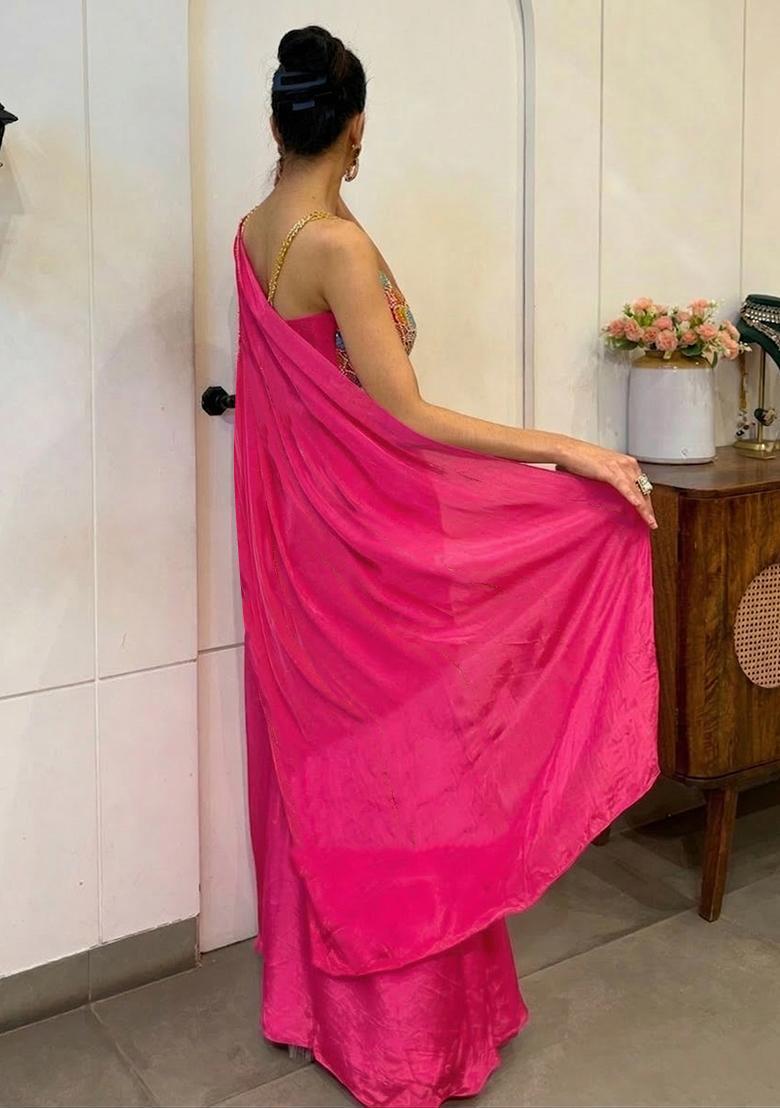 Pink Hand Work Satin Pre Draped Saree Set - Indya