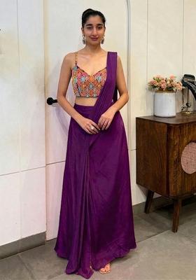 Purple Hand Work Satin Pre Draped Saree Set