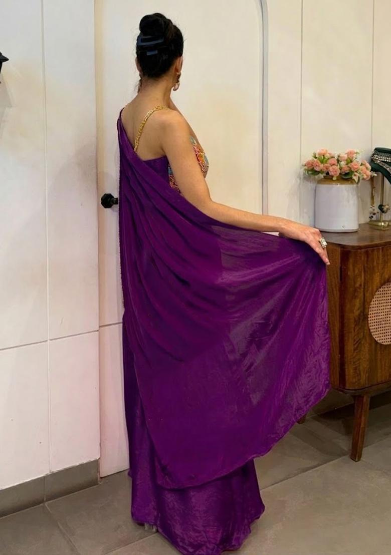 Purple Hand Work Satin Pre Draped Saree Set - Indya